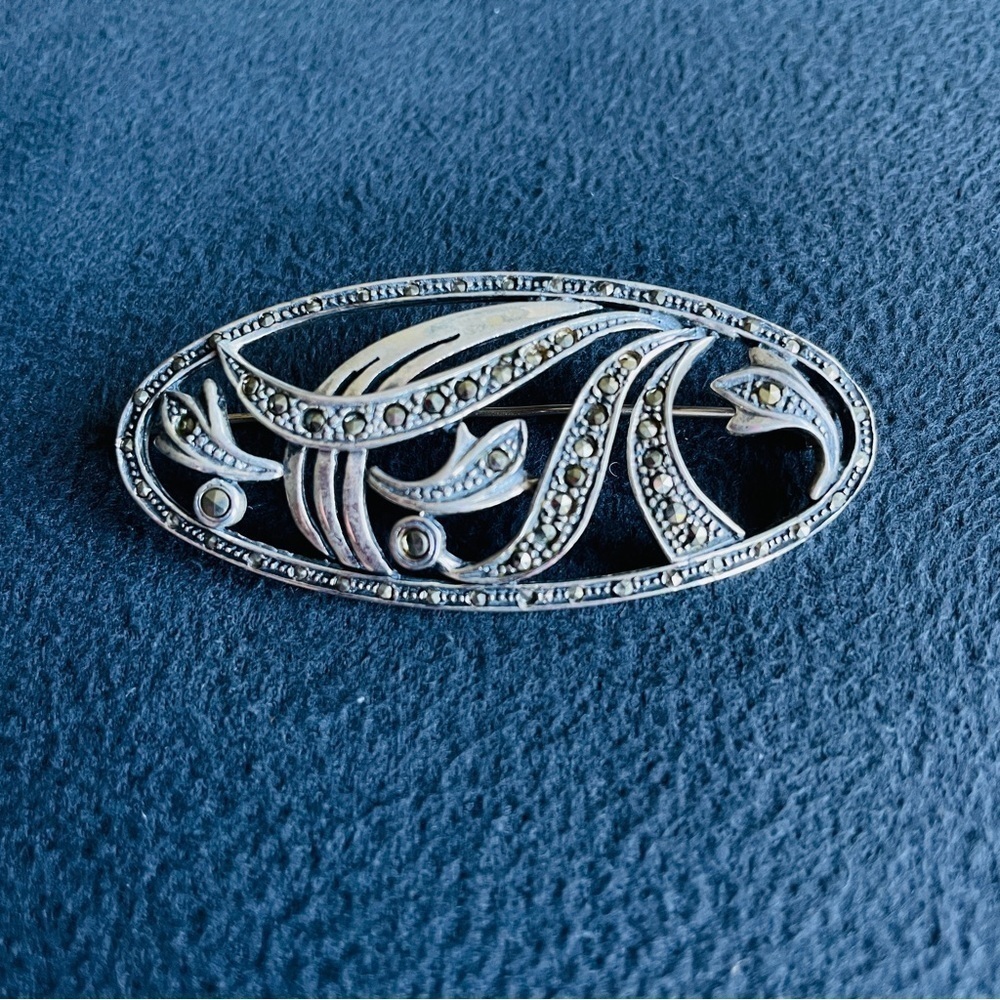 Vintage Marcasite Sterling Silver Oval Pin Brooch